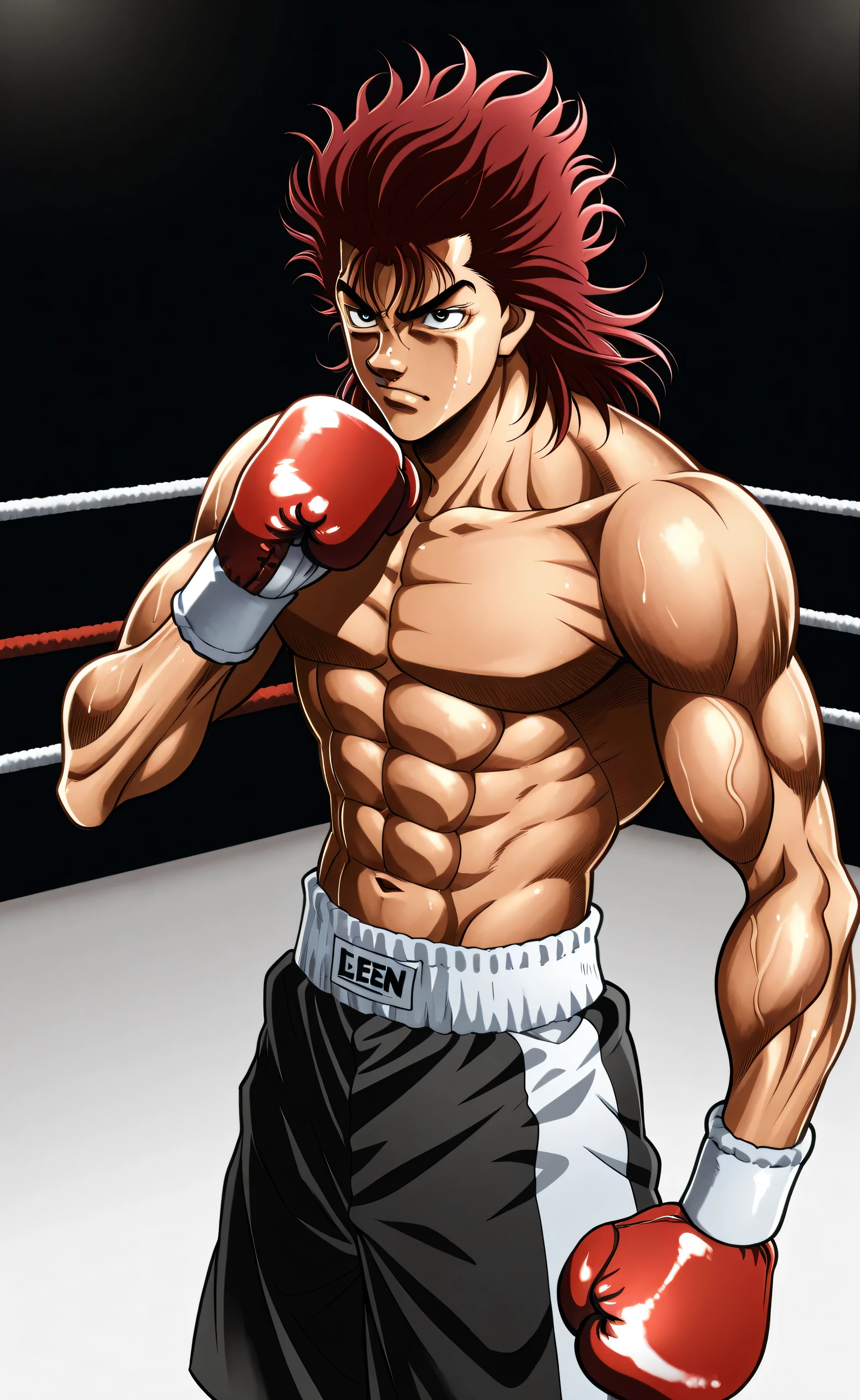 1male,solo,Yujiro Hanma,red hair,medium hair,leen muscle,shirtless,boxing shortpants,Hajime no ippo PS3 style