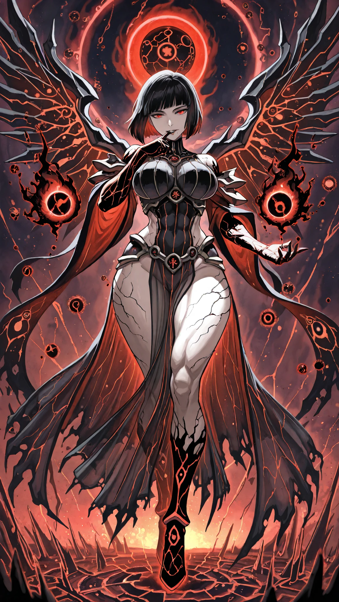(:cellshading:(anime)(manga)anime protagonist of a woman(DARK hair, light eyes, wearing a black astral dress, torn dress, ripped dress, high, short hair, , Dark witch, Astral Witch Clothing,poses levitating (casting a powerful spell, human :: sorceress, dark sorceress, anime woman, black fur wizard, witch clothes)
