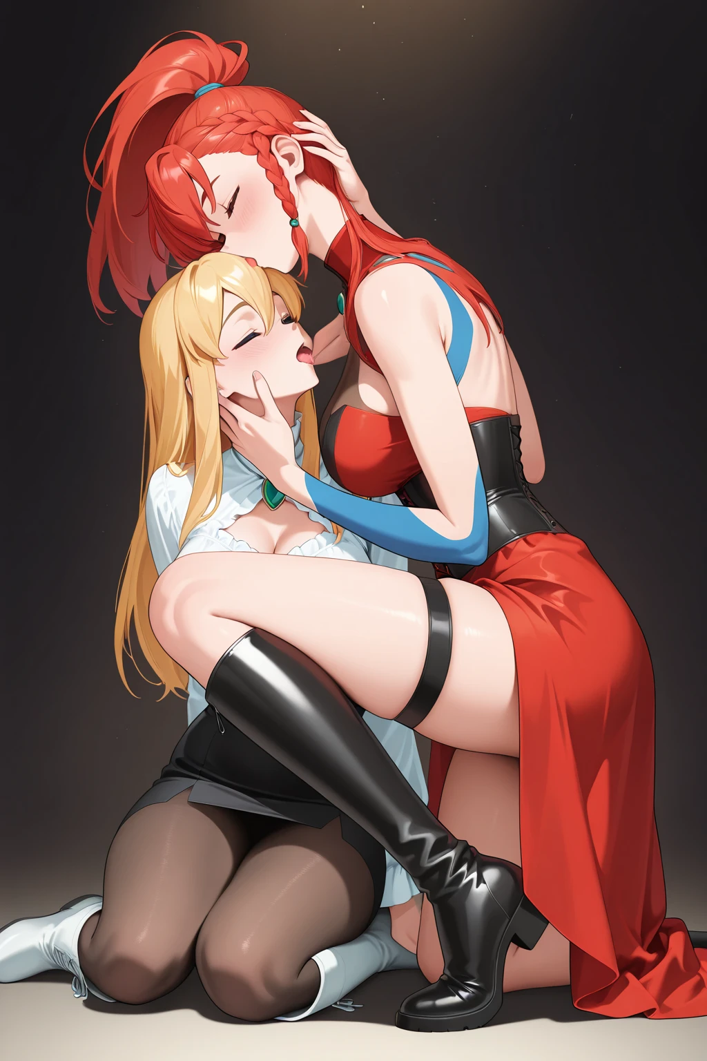 ((foto de corpo inteiro)), ((foto realista)), 1 girl, (colete: 1.2), 8k, high-res, pele finamente detalhada, lingerie, seios enormes, lenore from castlevania, vampire, red hair, skirt, fangs, vampire, sexy, sitting on face, face-sitting