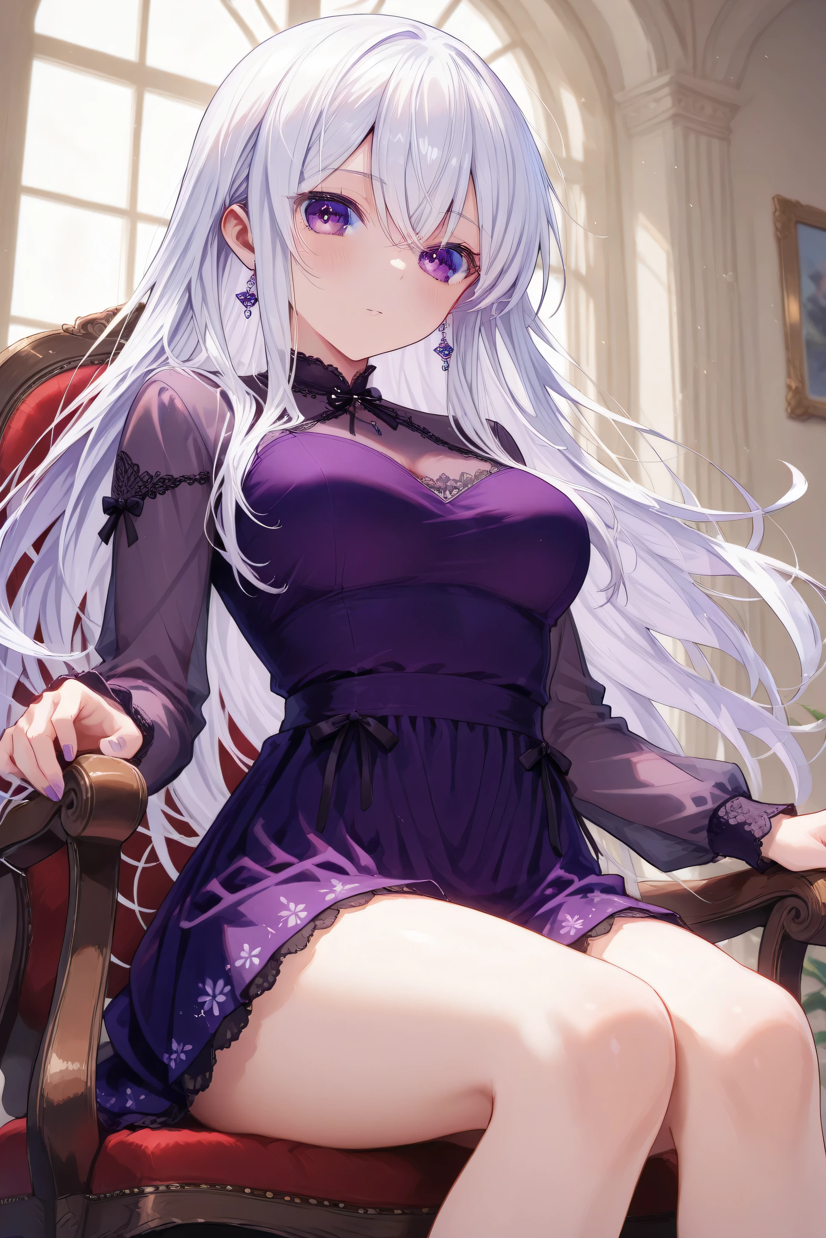 ((best quality)), ((masterpiece)), (detailed), ((highres)), In lavish manor library,  extremely long white hair. Fluffy white cat ears. Long white cat tail on butt, 1catgirl, 20 year old, Curvy body, selfish, con, bratty, snickering, naked. Heterochromatic eyes, one blue eye, one gold eye. No shoes, black fishnets, nude, no clothes, revealed, bare
