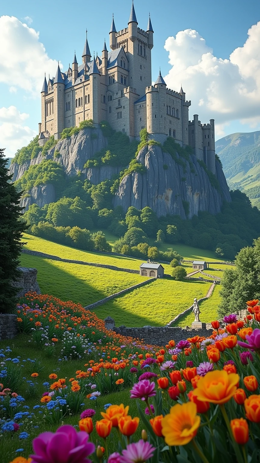 when viewed in high-definition、the colorful Camelot Castle from the time King Arthur was active、There are castles that are majestic and awe-inspiring、A castle that rises slightly above the hill、You can also see private houses and flower fields。