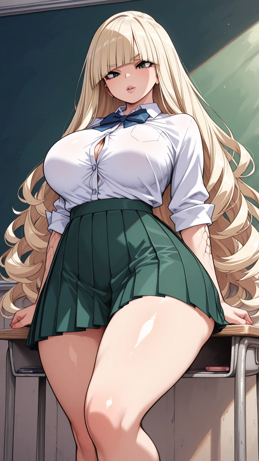 masterpiece, best quality, SimplePositiveXLv2, yuuki asuna, 1girl, solo, long hair, breasts,  large breast, curvy, blonde hair, cleavage, 1girl, kogal, loose_socks, solo, jewelry, brown_eyes, clothes_around_waist, breasts, blonde_hair, wrist_scrunchie, sweater_around_waist, skirt, large_breasts, necklace, school_uniform, smile, looking_at_viewer, cleavage, scrunchie, socks, hand_on_hip, long_hair, earrings, bracelet, ponytail, shoes, loafers, v, nail_polish, sweater, green_skirt, school, indoors, classroom 