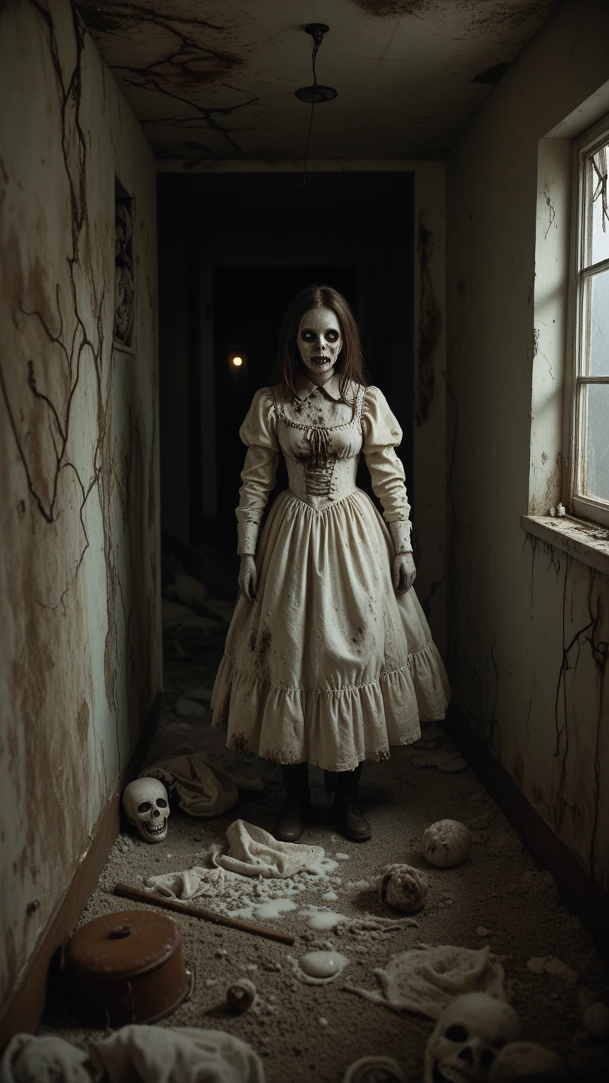 darkened room、Spooky doll in white dress stuck to ceiling