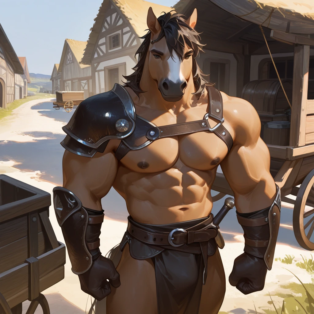 rating_explicit, source_furry, source_cartoon, male only, zoroj, bara, solo, centaur, equine, armored, medieval centaur, meadow, decorative saddle, decorative armor, full face helmet, big pecs, saggy pecs, bara tits, hairy chest, sweaty pecs, tits glistening in the sun, masters_of_the_universe, world_of_warcraft, god_of_war, detailed, dutch angle, juicy nipples, sligth angle,