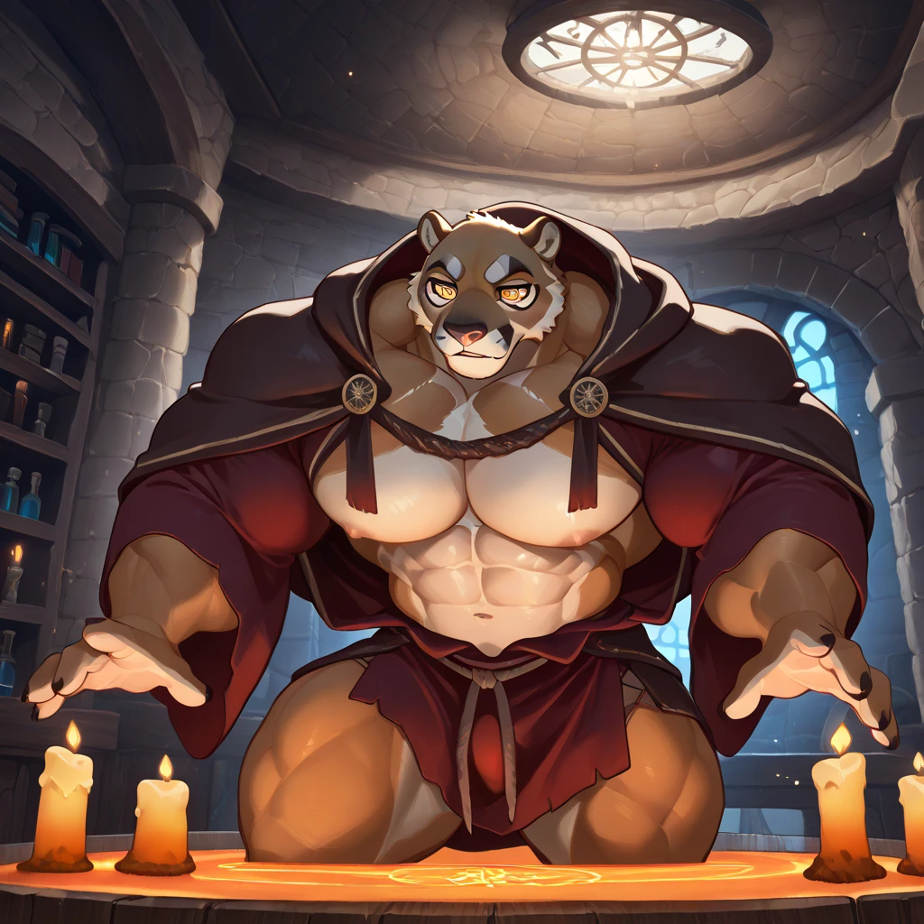 uploaded to e621.net, masterpiece, 8k, hyena, male, gray hair, soft figure, heavy, chubby, muscular, barbarian outfit, laughing, brown leather outfit, beige fur, spots, bare paws, wooden throne, seated, (huge penis:1.2), (thick penis:1.6), (huge testicles:1.3), (thick foreskin:1.2), (flaccid:1.4), primitive keep, stone room, treasures, (crowded:1.3), (figures in background:1.5), (muscular guards:1.2), longhouse, by darkgem, by bng, by duase, by gideon,