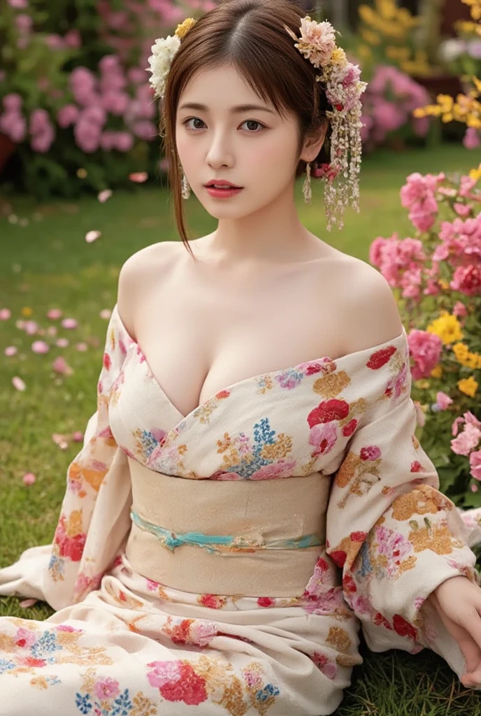 ulzzang-6500-v1.1, (Raw photo:1.2), (Photorealistic), (Genuine:1.4), (Mastepiece), there is a woman In kimono Sitting on the floor, in kimono, Blatant shoulders、clavicle、Mature Woman, wear Kimono, Beasts, Flower Hair Ornaments, yukata, In kimono, Japanese style, wearing a haori, mitsumayo, Japanese hairstyle、Mysterious Smile、Eyeliner、Makeup、