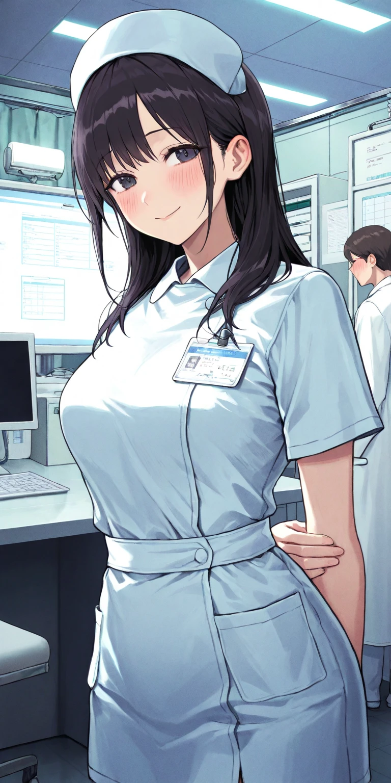 sexy doctor, black hair, doctor uniform and short black skirt, deep neckline sitting on a desk. Man sucking vagina lips