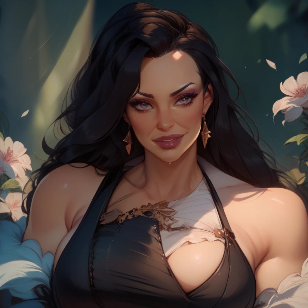 woman with sylver hair and small breasts stands in a forest. She has a locket on her chest and is wearing traditional Mayan clothing. has a dangerous look in her eyes and is surrounded by aura of power, The background is a mix of trees and fog,