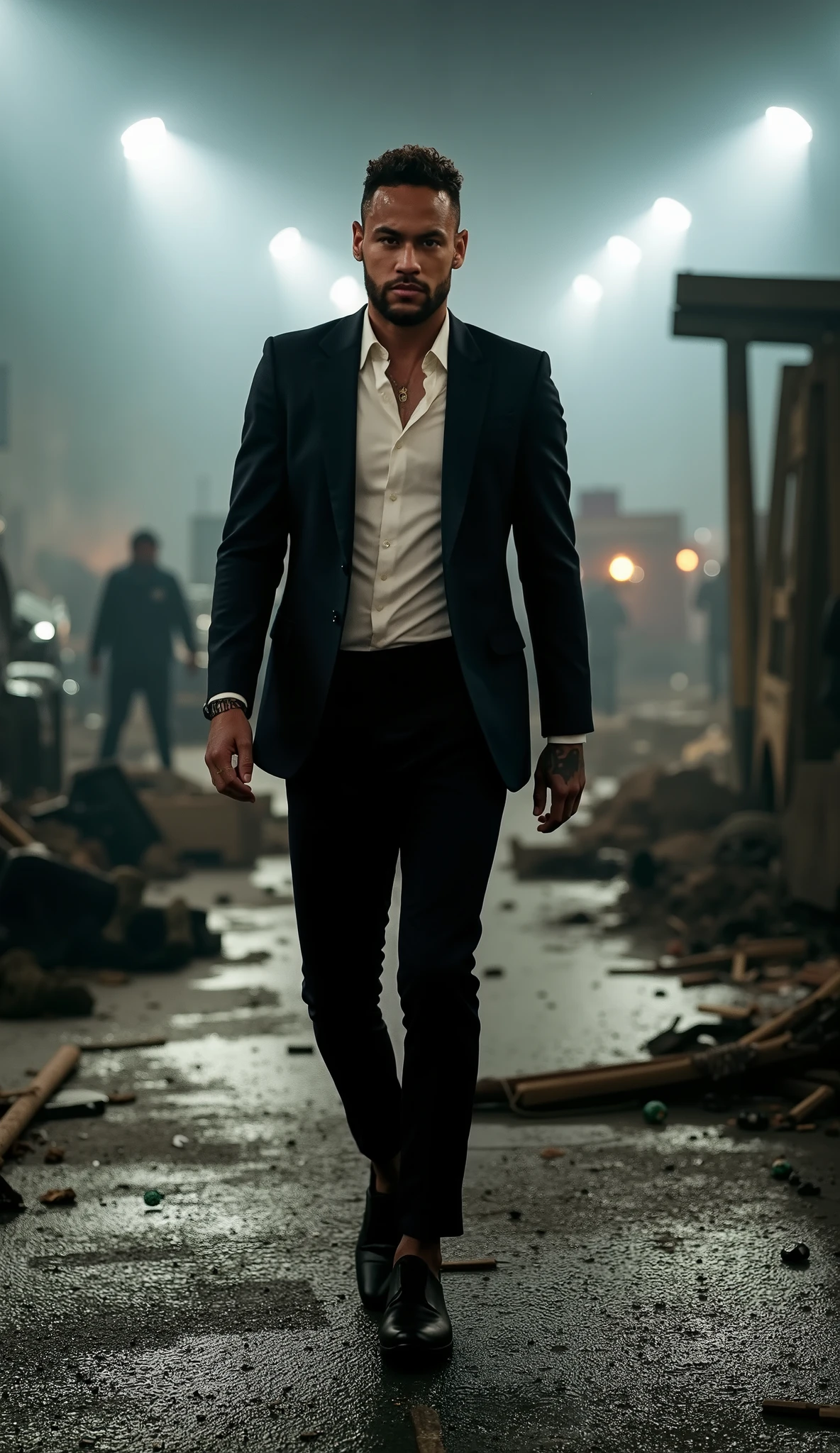 Neymar Jr. With black tuxedo mega-realistic Scenery: Action movie stage with broken spotlights people and cars. ⚔️ Epic Detail: A Fatality Autograph.