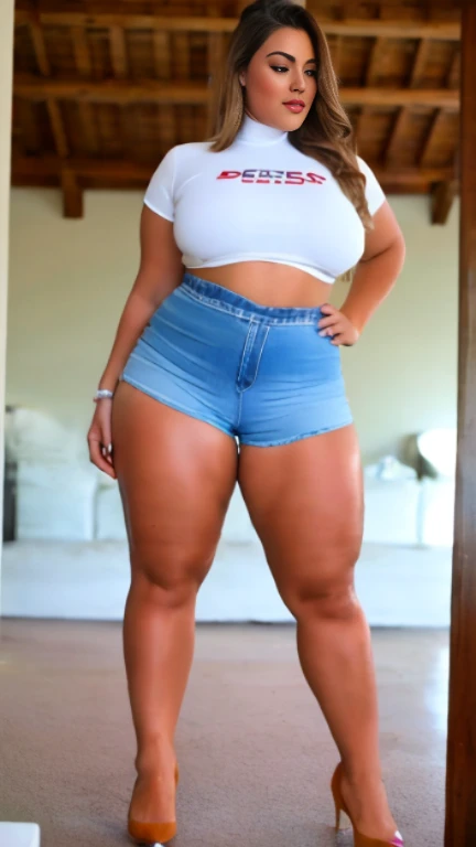 beautiful girl, (perfect face), wet side short hair (blonde), defined jawline, beautiful green eyes, beautiful lips, sexy, realistic, cropped cleavage shirt and denim shorts, mirror selfie, perfect detailed shoulder, very huge breast, very big breast, teasing, soft natural breast, realistic breast physics, god rays, detailed skin, realistic shadows, unreal engine 5, cinematic color filter, sneaker shoes, night time, light bulb, glasses, standing up, full body pose, heels, detailed bright skin, sexy detailed stomach, belly button, detailed ass, seductive eyes, smirk nafw nude