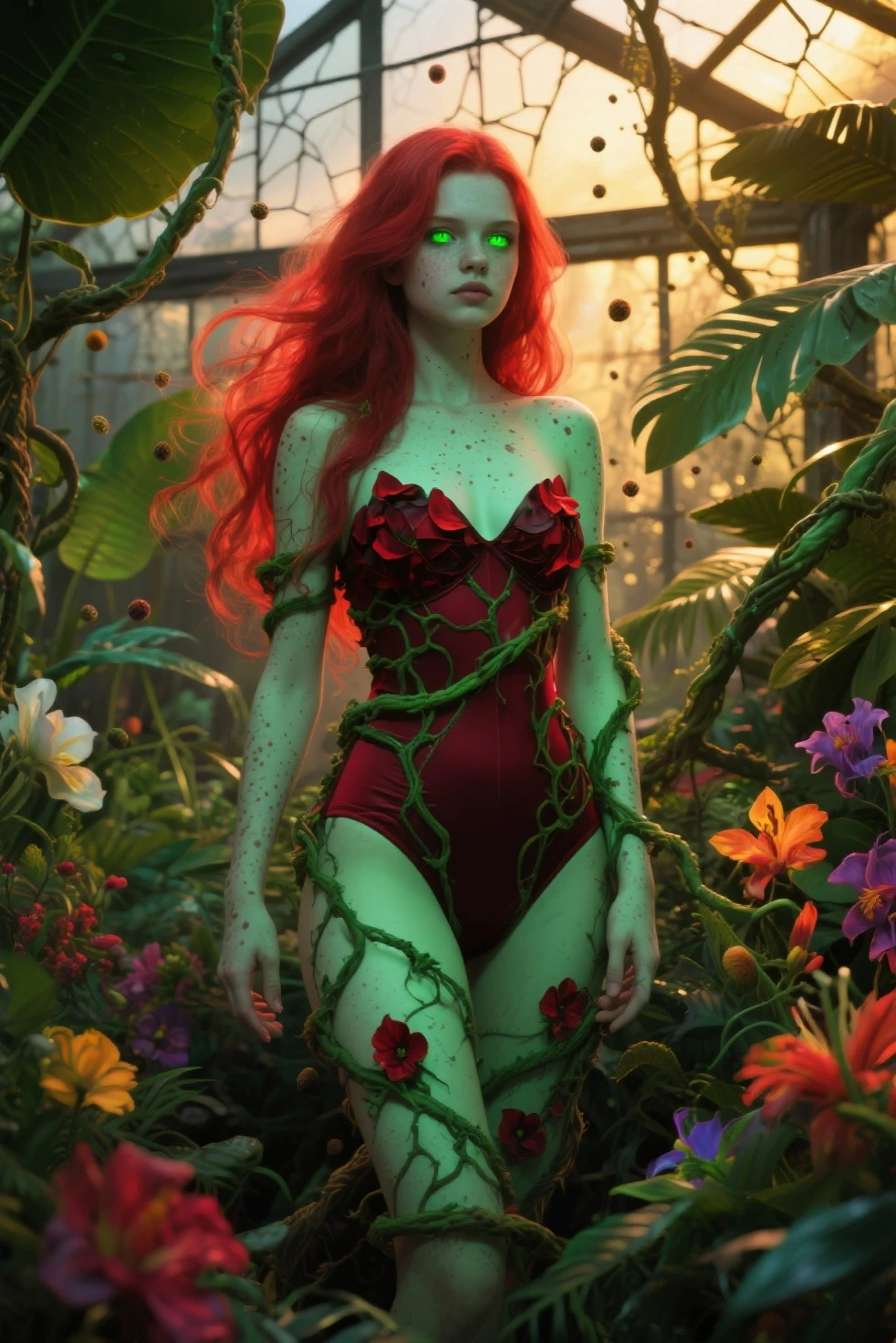 DC character 'poison ivy' has animated plant (thorn,vine,flower) beasts to demolish a horde of zombie (rotten people) emerging from a swap, moonlit swamp, show the epic battle of plants vs. zombies