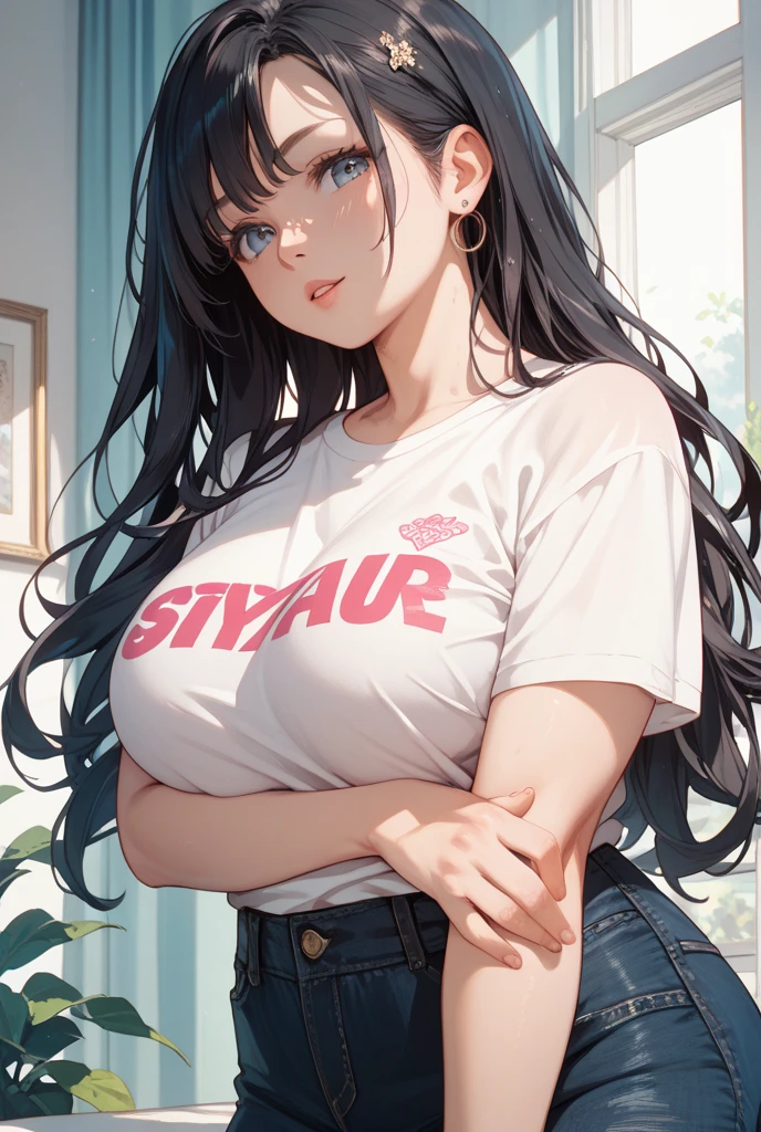 a 20-year-old woman, with dark skin color, black hair down to her shoulders, and brown eyes