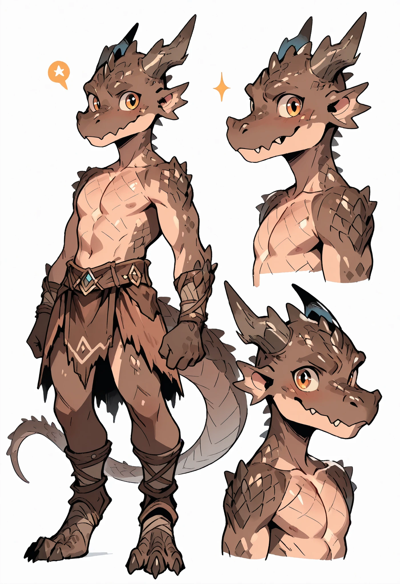 ( solo male, brown skin, brown scales, (((Kobold)), (detailed kobold)) wearing a adventure equipament , a barbarian clothes, no shirt, visible chest, character design, 
