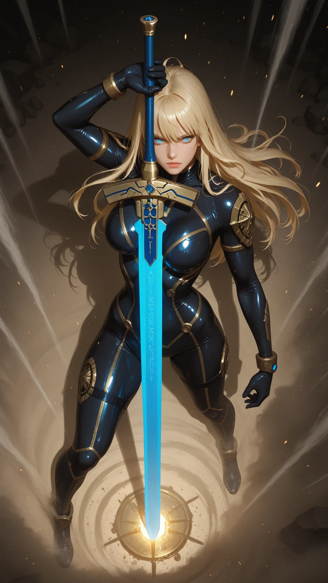 girl, with futuristic navy blue armor, electrical powers, yellow hair, yellow eyes.
