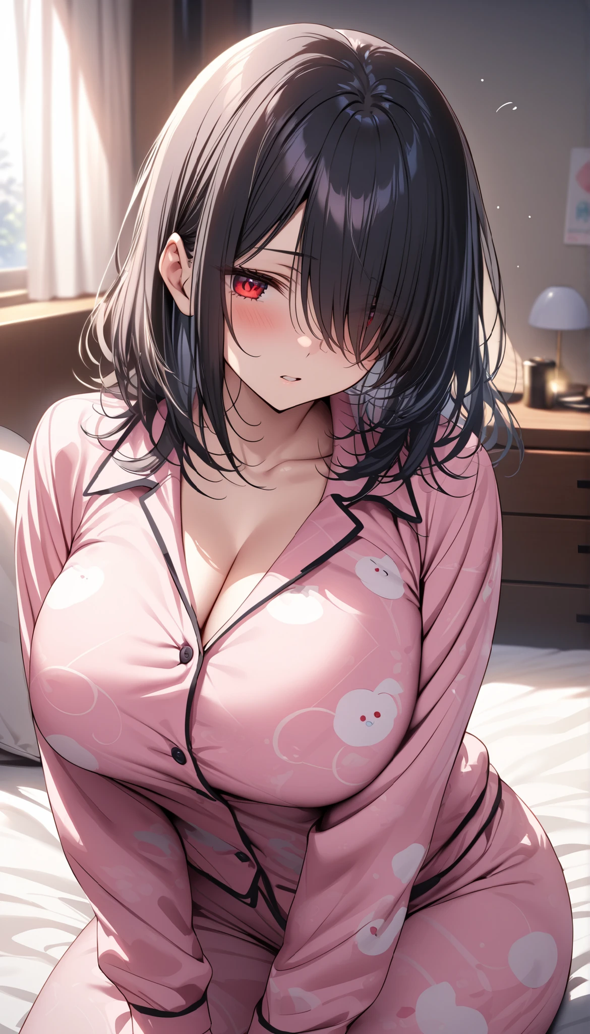 (((absurdres))), (((masterpiece))), (((best quality))), ((ultra-detailed)), ultra high quality, realistic, (real picture, intricate details, depth of field), ((((1girl, solo)))), make up, parted lips, highly-detailed, perfect face, (((mature woman, milf, skindentation))), ((huge breasts, wide hips, toned abdomen)), tall, glossy lips, sexy, blushing, ((black hair, blunt bangs, hair updo)), ((beautiful red eyes)), ((earrings, hair ornaments, necklace)), (((office lady, white shirt, black pencil skirt, cleavage, black pantyhose))), (((erotic pose, lying down on back:1.3))), alluring smile