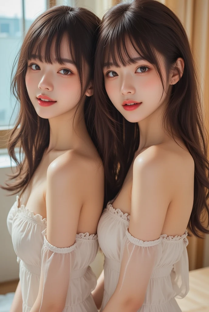 (2 little girls:1.3), (Ultra Realistic), (Highly detailed eyes, Highly detailed hair, Highly detailed face, Highly detailed plump lips), Naked, (off shoulders), breasts, Upper body, Search Smile, (Best Quality:1.4), Raw photo, (Realistic, photo-Realistic:1.37), Professional Photography, Cinematic Light,