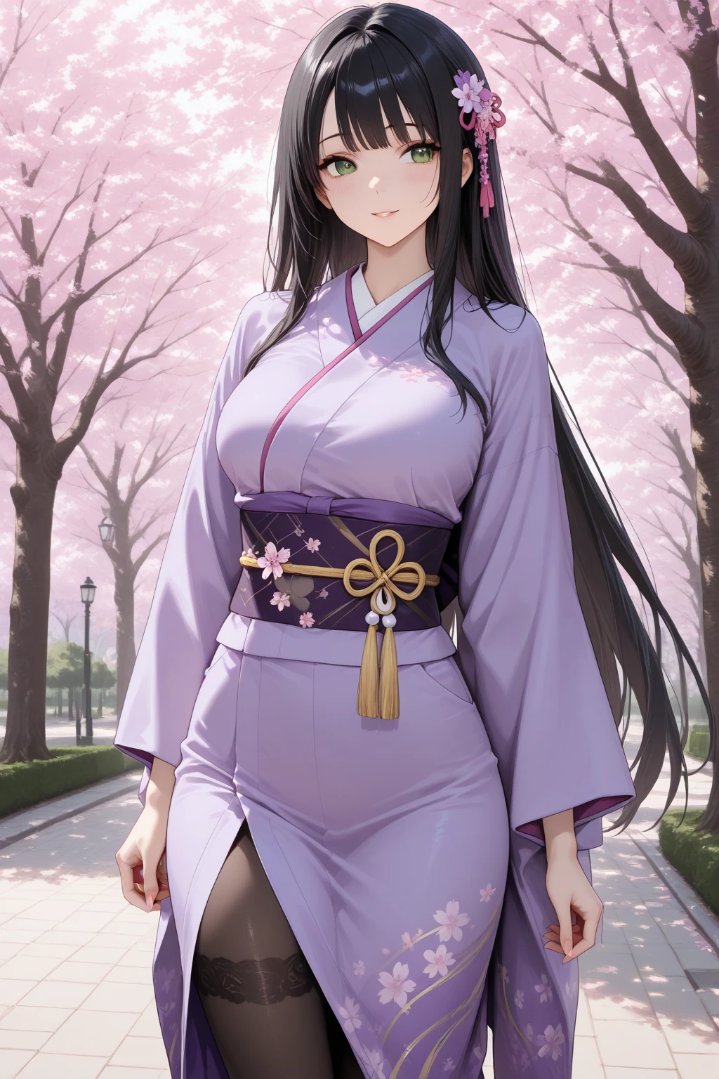 masterpiece, (pink kimono), seductive face, good lighting, décolleté, fine details, masterpiece, glowing eyes, 1girl, black hair, gag, bamboo, Nezuko Kamado, wisteria background, masterpiece, best quality, POV, whole body, wide hips,