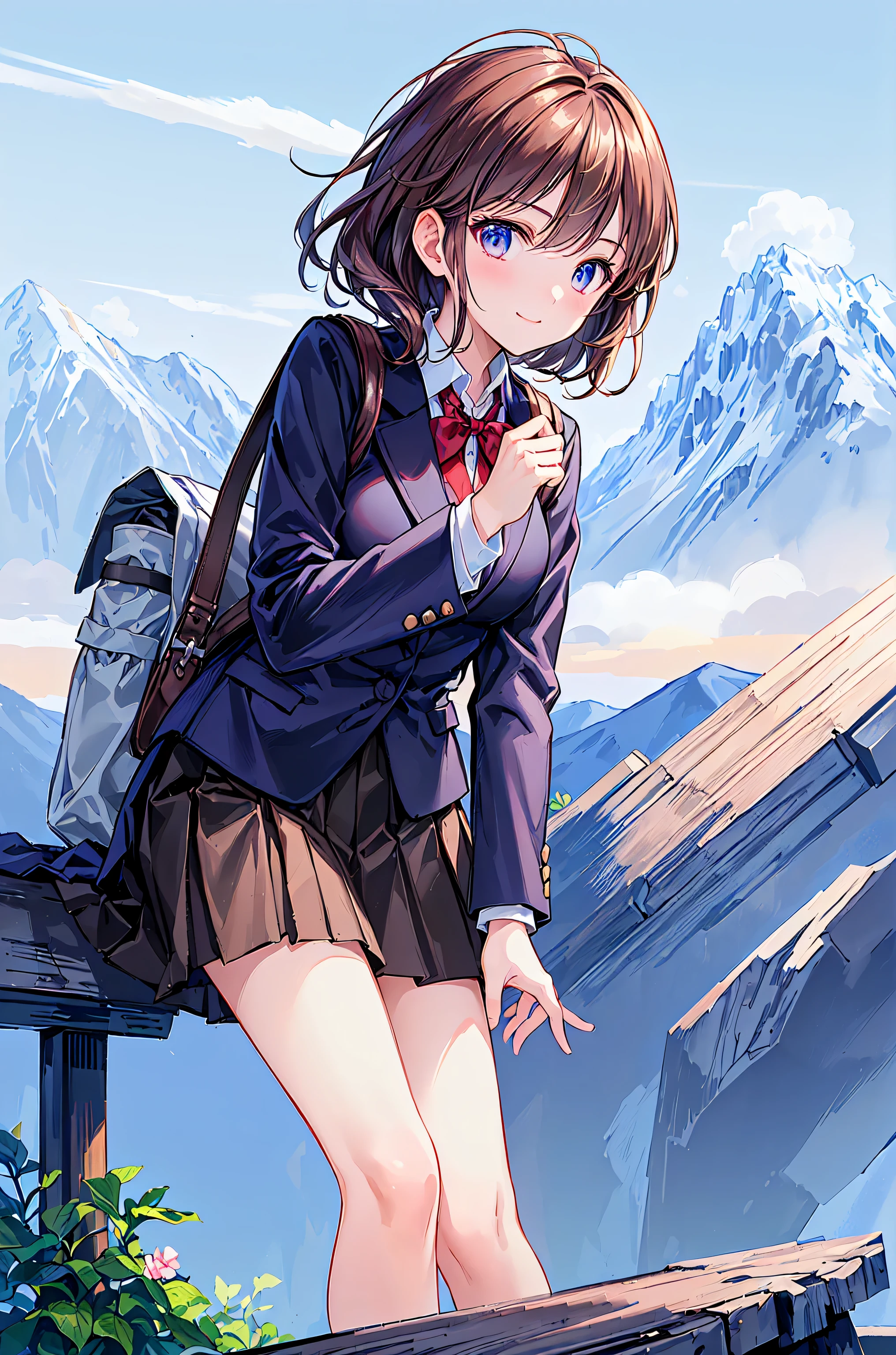 (best quality,masterpiece:1.3,ultra high resolution),(very detailed,caustics,8k),(realistic:1.4,RAW shooting),18 years old,Japanese,cute,I'm taking a picture looking up from knee height。I'm looking at the camera with a smile 。,blazer uniform,forward leaning posture,Picture above the waist ,(face focus:1.2),(face that makes you spit:1.2),(low position:1.3),( I want a mountain 々standing from a low angle:1.4),brown hair,Shortcut for Side View, A slender beauty is fixed to the bed ,messy hair,cityscape,morning watching the audience