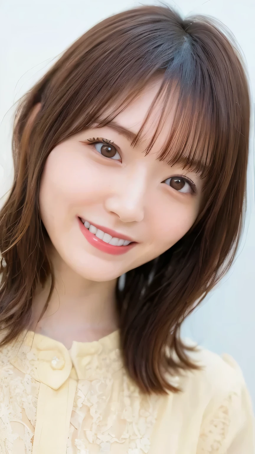1 girl、Pure white wall background、Close-up、Laughter、(8k、RAW Photos、Highest quality、masterpiece:1.2)、(Realistic、Photorealistic:1.37)、Wearing a white sweater、Brown Hair、Cowboy Shot、smile、arms crossed in front of chest