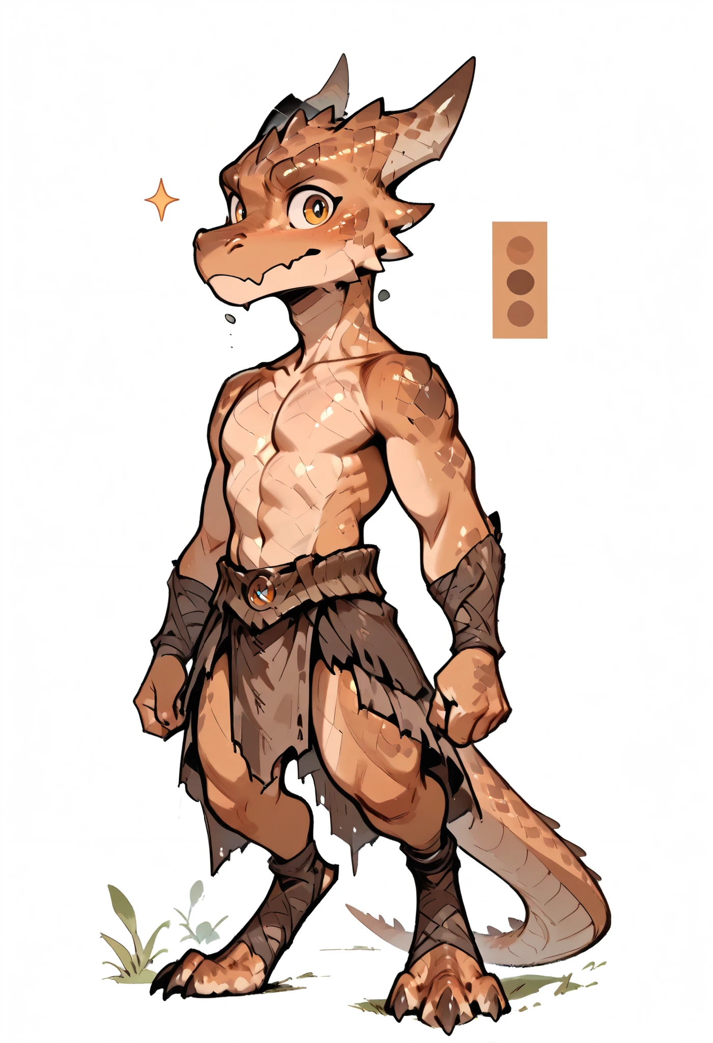 ( solo male, brown skin, brown scales, (((Kobold)), (detailed kobold)) wearing a adventure equipament , a barbarian clothes, no shirt, visible chest, character design, 