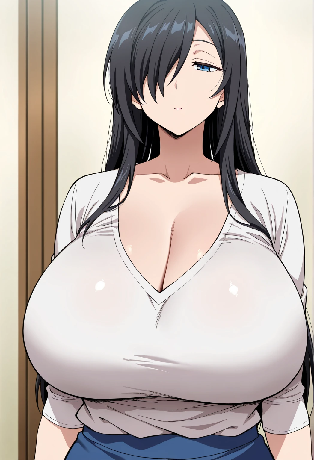 Cute, beautiful woman,plump,realistic skin, realistic breast, saggy breast, nipple out,muted colours, cold lighting, pale white skin, Nude, mature women,black hair, long hair , Messy hair,sleepy eyes ,beautiful,charm,pubic hair pussy,dense pubic hair, cute shy blush on