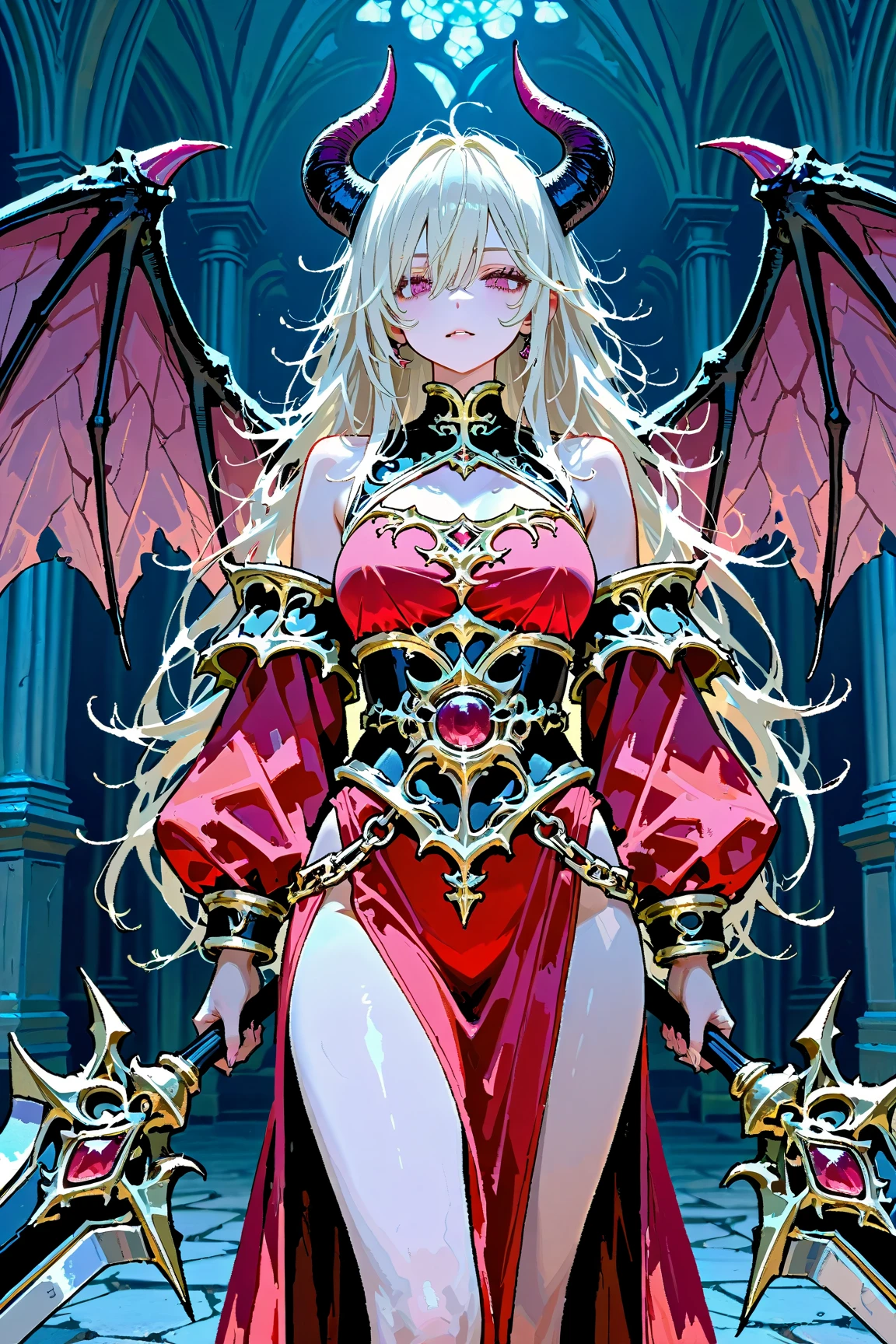 16 year old Adriana Lima, ultra detailed face, ultra detailed blue eyes, long blonde hair, horns, (red dress, skirt), (((masterpiece, large demon wings:1.3)))