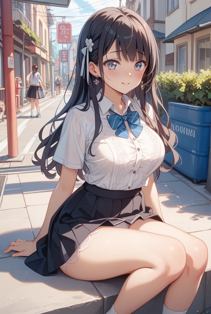 highest quality, masterpiece, Very detailed, One girl, alone, smile,Flat Chest, Thin arms, Thin legs, Thin waist payment, freckles, Very long hair, Purple Hair,
, Sailor's hat, Blue Ribbon, Blue sailor collar, Blue neckerchief, Juliet Sleeve, Long sleeve, White gloves, Blue Skirt, Pleated skirt,
Outdoor,(Panty shot)(Printed panties), (Printed bra), (In underwear), (Flashy underwear), (lingerie),