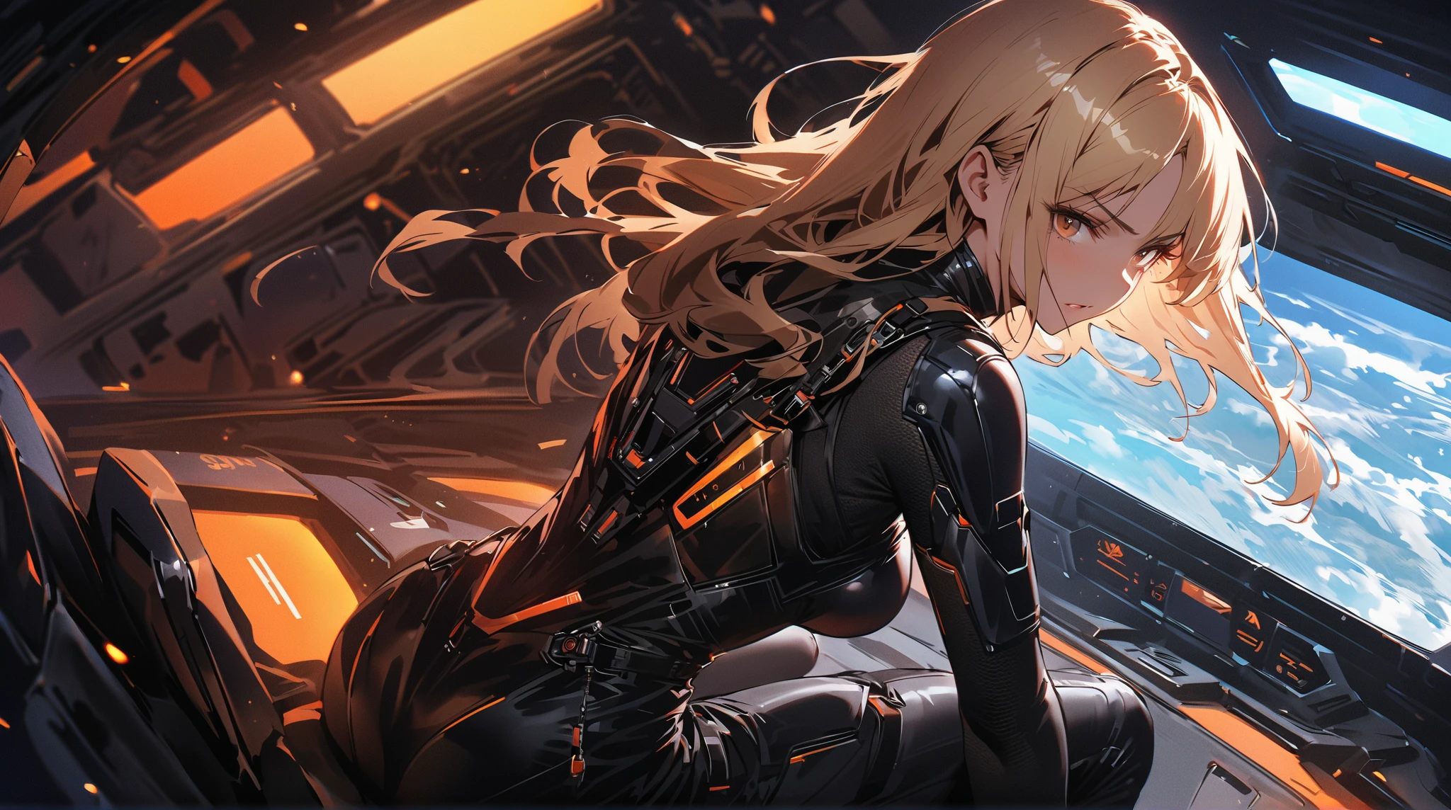 high quality, 1girl, android, (black and grey) upper armor, mechanical arms, scarf, long hair, blonde hair, standing, red background, looking at viewer, from behind, simple background, <lora:nijiarmor:1>