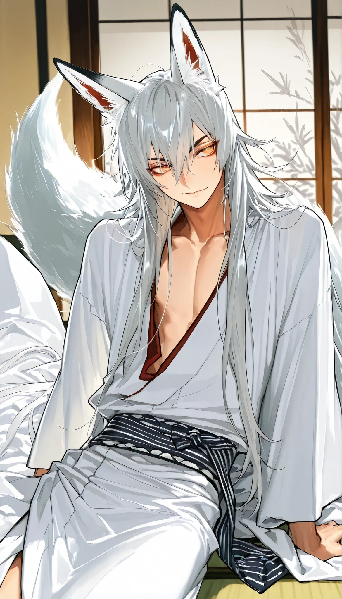 1boy,pose in japanese room tatami,(1boy,fox ears,fox tail),silver hair,long hair,white kimono,yutaka,handsome,gentle face,amber eyes,beautiful face,detailed clothes,masterpiece,high quality