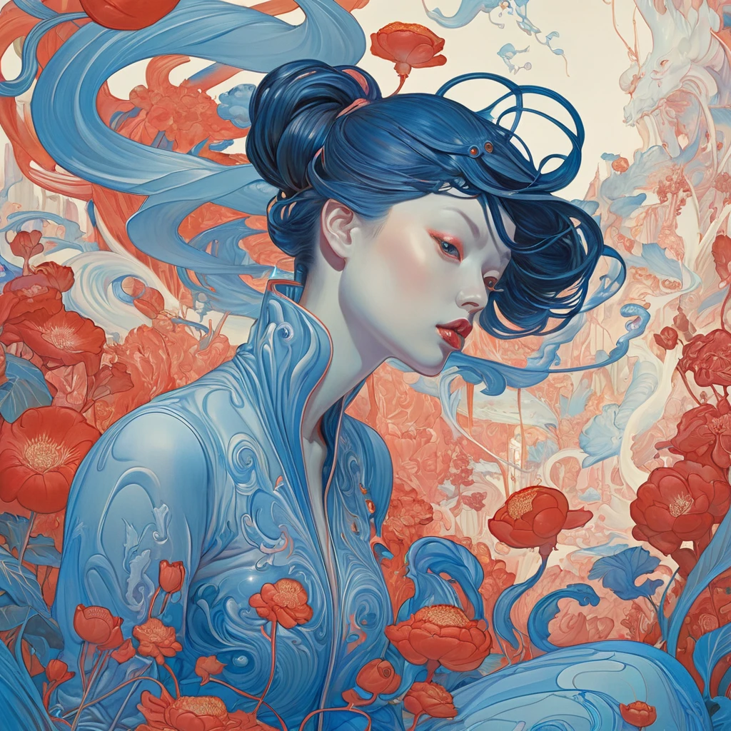 <lora:JamesJean:1><lora:JamesJean:1>a painting of a woman sitting in a puddle of water with dripping paint all over her body by James Jean