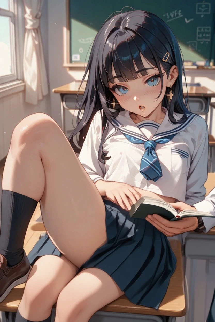 cute young japanese girl, wearing school uniform, prone on TATAMI, open legs, blue white striped panty, reading a book, looking back, pouting face, ((masterpiece, good anatomy, perfect face))),