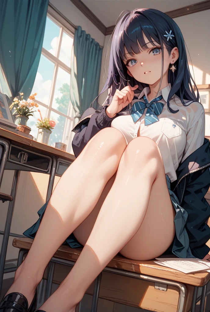 A wife,Single ponytail on the side,Black-brown hair,There is a mole under the left eye,Big breasts,Wearing a blue and white sailor suit,Black ultra-short pleated skirt,Classroom desks,Masturbation,And the shape of the female genital organs is clearly visible,There are deep lip prints on the panties,The body is wet,Sweat,orgasmc,Desire for dissatisfaction,Sperm flow from bare feet,with her mouth open,Stick out her tongue,Place your right hand to your mouth,erotic gesture