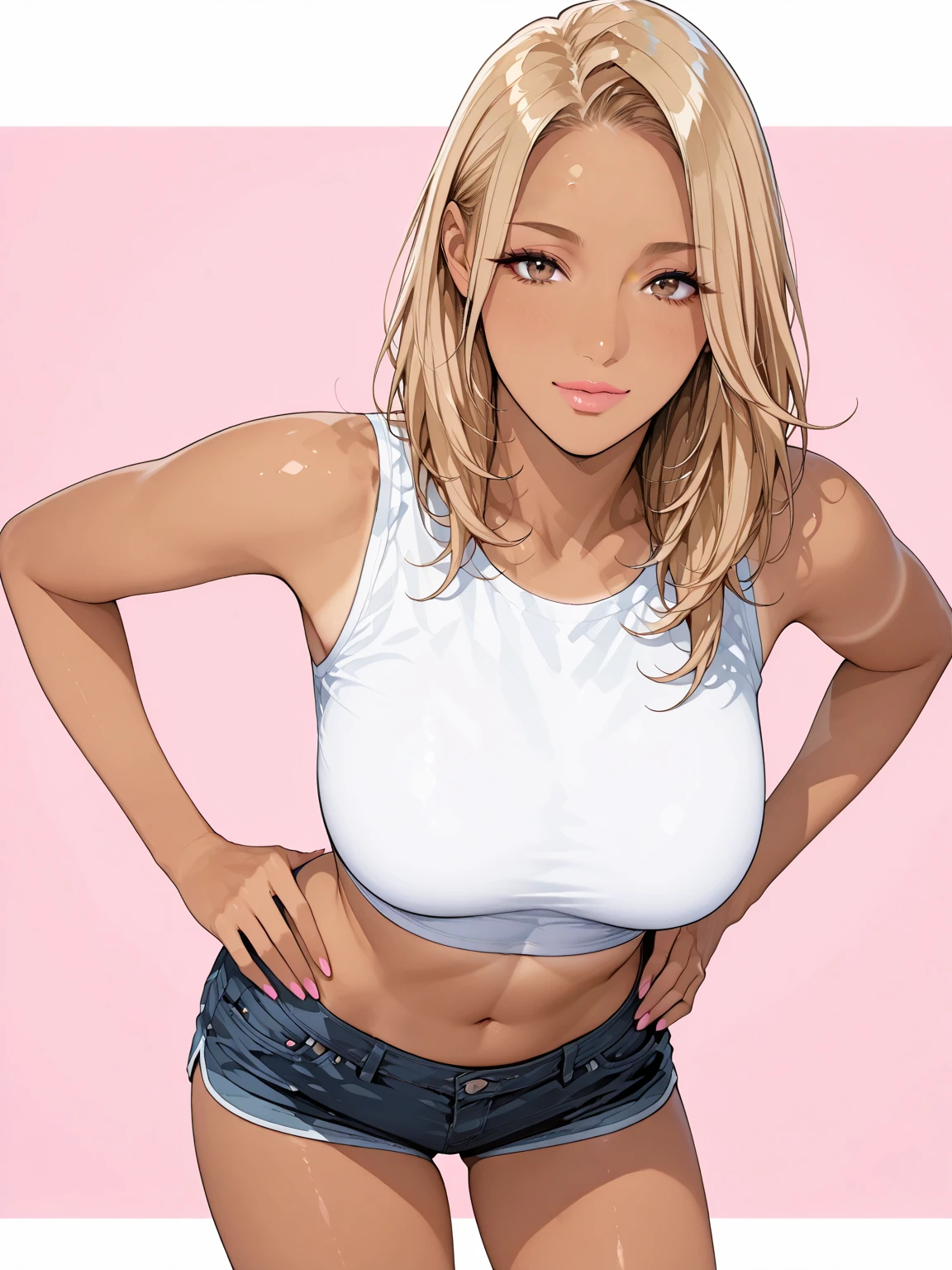 （（（Perfect figure，figure，独奏， White and tender skin，（（（cyberpunk，short sleeves,  dolphin shorts, t-shirt, pink shorts, red shirt, , ））），（（（MiaChadef, long hair, Long Straight blonde hair, brown eyeasterpiece)),high resolution, ((Best quality at best))，masterpiece，quality，Best quality，（（（ Exquisite facial features，Looking at the audience,There is light in the eyes，(（（lol，Happy，））），））），（（（Light and shadow，Huge breasts））），（（（Looking at the camera，White background，Lying on the ground，Look up at the camera，from above，Overlooking)）））