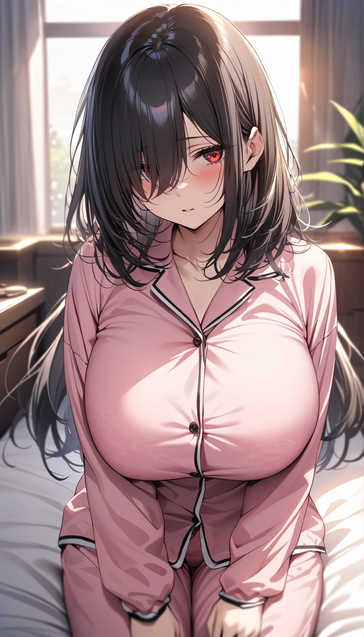 1girl, mature women,perfect ,black hair, long hair, (hair over one eye:1.4), messy hair, hair between eyes,plump, saggy breast, pajama, cute shy blush on , bedroom