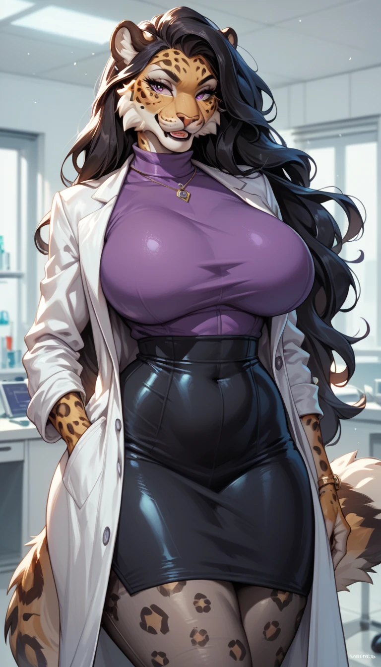  female anthro zebra ,Brown long fluffy hair, fluffy hair, zebra, big breasts, attractive,turtleneck sweater, turtleneck, skirt, lab coat, garter belt , thicc body, thicc body, thicc, freckles, freckles on face, neutral expression, smug eyes, she is  standing (thick thighs:1.5) bent over (low angle view)