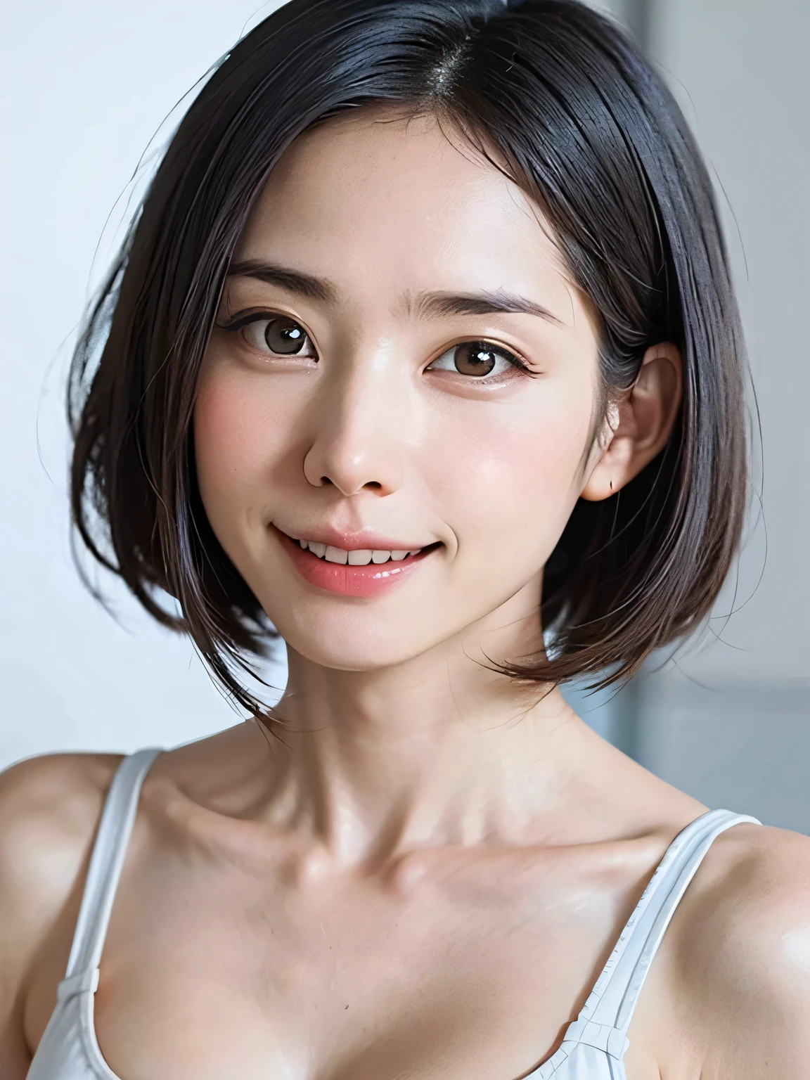 ((masterpiece、22year old、1 beautiful girl、Detailed eye、short hair with bangs,、shorth hair、neck long、Put your ears out))、big eye、Distinct double eyelids、((top-quality, 超A high resolution、stares at the camera、Light brown eyes、Clean collarbone、glowy skin、Straighten your back、The face of the golden ratio、a small face)), (Realisticity: 1.4), OriginalPhotographs, 1girl in,A little cinematic lighting、japanes、Asian Beauty、Korea person、Super beauty、Realistic skin type、(((clean very large breasts、A slender、The body is facing the front of the camera、lipgloss、Highlights in the eyes、thin lips、smiling slightly、Closing mouth and smiling happily)))、(A hyper-realistic)、(hight resolution)、(8K picture quality)、(ighly detailed)、(Best Illustration)、(beautifully detailed eyes)、(ultra-detailliert)、A detailed face、looking at viewert、Facing straight ahead、neat and clean clothes、sleeve less、short-hair、black hair with bangs、46-point diagonal bangs、Shorthair、((Background is really nothing but pure white background))、((neat atmosphere、))