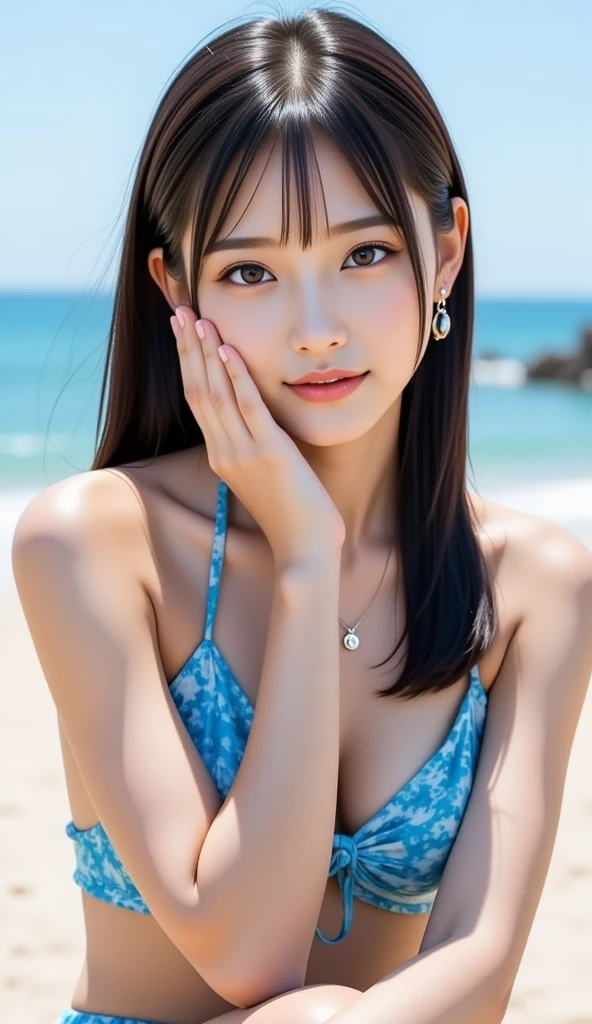 (8k, RAW Photos, highest quality, masterpiece: 1.2), (Very detailed), (Super Resolution), (Genuine, Genuine photos: 1.37)、(Portraiture), (High-quality RAW color photos)、 (Professional photos).( Very detailed and beautiful new),(Very detailed), (8k wallpaper),(Amazing details),(Large file size),(Official Art,),(Very detailed),(8k wallpaper), (Very detailed beautiful girls),(Very detailed facesHighly detailed eyes),(Very fine skin),(Very detailed fingers,),(Very small nose),(Very detailed detailed mouth),(Perfect Anatomy),(Detailed Background),(High Quality Clothing),(20-year-old),(cute girl), (Genuineistic body),(White skin),(Glowing Skin), (Blunt bangs: 1.2), (smile),(cute),(cute face),(Genuineistic face), (delicateな目),(Sagging eyes), (Pink and black brick pattern swimsuit 1.2)、Earrings、necklace、Looking at the camera, Dynamic Lighting, G-cup breasts,Big Breasts、(tropical beach background)、(Dynamic Sexy Pose 1.2)、(With cleavage 1.2)、(thin legs 1.2)、(delicate, Plump and moisturized lips)