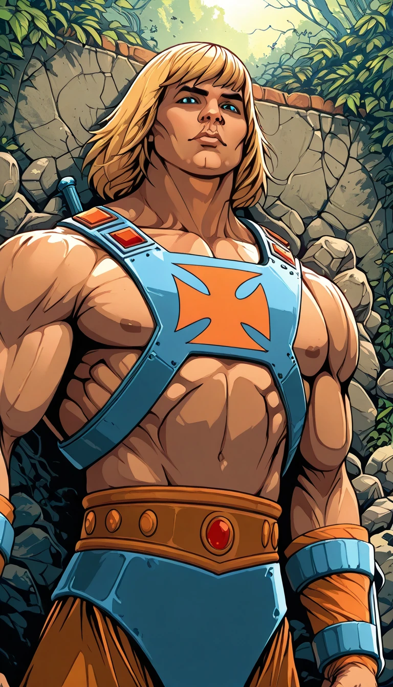 ((1boy)), hair with hair texture straight, muscular,thick arms, thighs, sweat dripping, detailed, full body, real texture, ((masterpiece)), ultra-realistic, ((highly detailed:1.3)), he-man standing on top of a mountain, blue sky with clouds, bright sunlight, natural lighting, dynamic pose, dynamic angle, Kyle Allen facial features