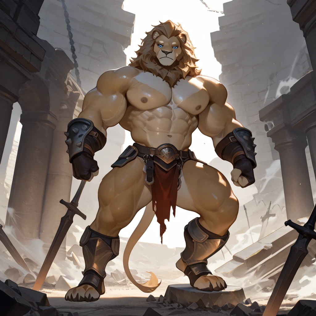 Furry, Kemono, Leon, Leomon, Digimon, (Solo), Bigg Ass, Male Bulge, masculine, Full body, Feet, (Anime Blue Eyes), (Perfect Eyes), Braided Mane, Black leather harness, Spiked Anklet, (blanco fitted fundoshi), (Blanco string thong), (Blanco Fundoshi) , (Medieval stone path background), High Resolution, 4K Detailed, Good Lighting, Beautiful, Photorealistic, Realistic, (Japanese tight fundoshi), (White Tight male Thong), tail, Lion tail, black claw nails, Big Scar on left shoulder