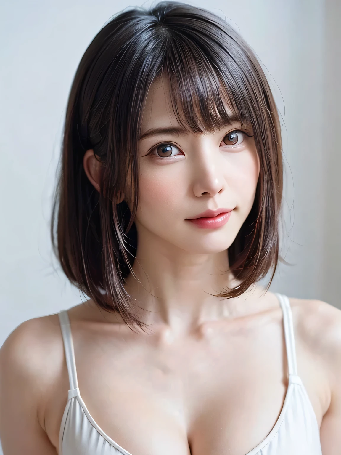 (masterpiece, highest quality),1 girl, alone, scarf, have, realistic, realistic, looking at the viewer, light colored black eyes, Brunette short bob hair with highly detailed shiny hair, Winter clothes, Whity, lips, bangs, outdoor, closed mouth, Upper body、Big eyes、eyelash、((There'There's really no background、really pure white background))、(((bangsのあるショートヘア、Big eyes、big and full chest、look at the audience、beautiful beauty、please show me your ears、long neck、smile、please close your mouth and smile)))、ideal body proportions、(A tree-lined street in England's winter wilderness)、{huge|big|hugeな|mega} chest, cleavage