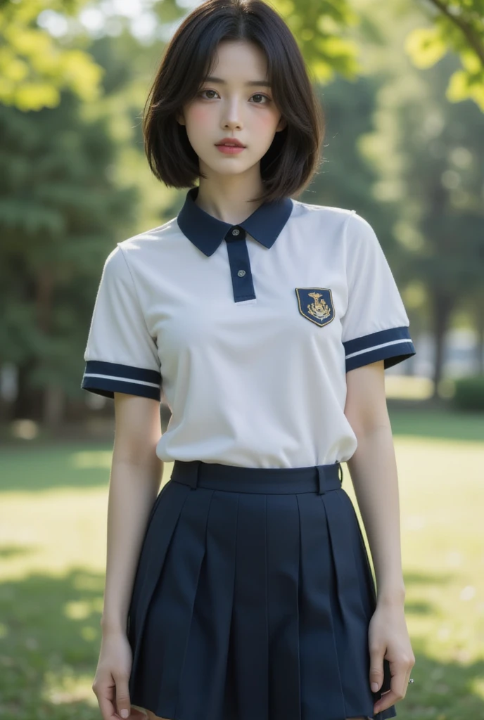 An eight-year-old girl, Mochila escolar, Lindo uniforme escolar corto, falda escolar corto, medias color blanco, Animal colgado, peinado Cola de caballo, cinta, 8-year-old girl sitting on a bed, girl sitting from a bed,