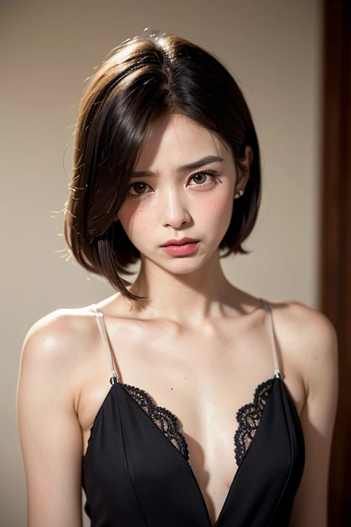 ((top-quality、8K、masterpiece: 1.erfect Body Beauty: 1.4、Slender Abs: 1.2、Beautiful woman with slender abs:1.3、(Highlight Haircutreast B Cup:1.2), medium breast, round shape breast, perfect shape breast, ((black)) ( bra strap drop ), necklace, hyperdetailed face、18year old、 Pretty women、(Dark brown short-cut hair), Slim Face、Highly detailed facial and skin texture、very detailed lips、opens legs、top-quality、masterpiece、超A high resolution、(Photorealsitic:1.4), walked forward confidently, long shot , studio background