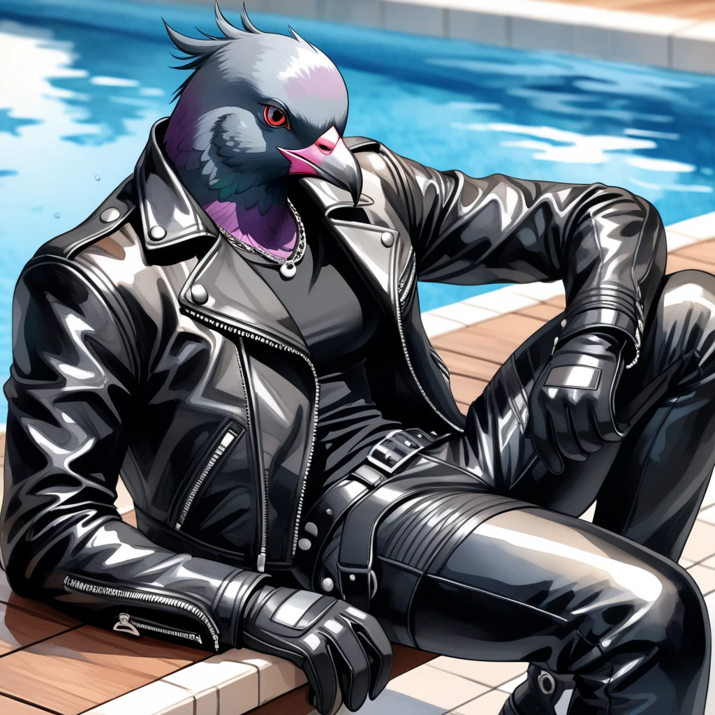 A slim, athletic (((male))) (((raven))) (((leaning))) against a (((bar counter))). ((Short beak)), ((smirking)), ((casual suit jacket)), ((cloth jacket)), ((shirtless)), ((six pack abs)), ((black penis with foreskin)) male focus, ((black feathers)), relaxed, (yellow eyes), detailed eyes, high quality, best quality, concept art, photorealistic, octane render, unreal engine, sharp focus