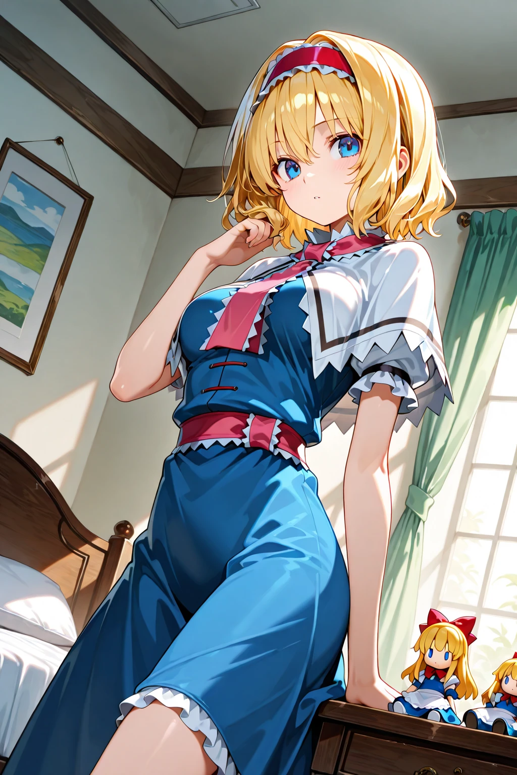 anime styled, High definition illustration, Perfect drawing, Draw anatomically correctly, alice in the wonderland, In the forest where the bright sun shines, Beautiful blonde girl urinating while standing, ((seminude:1.5)), A short, light blue dress with a simple design and frills., Layering a white apron,She holds the hem of her dress and apron together in her hands and rolls them up., He looks at me with a mixture of shyness and openness.,The girl's apron and skirt are rolled up, so you can see the urine coming out of her genitals., Red headband