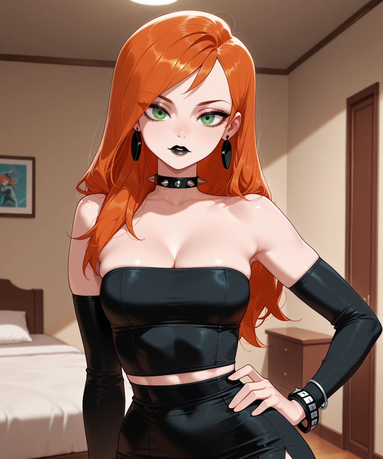 green eyes, red hair with long bangs. sadistic women, wavy long hair. strong woman. she quiet. dominant woman. mafia. mature woman. girl boss. with bangs so long wavy red hair. boxing. wear pans