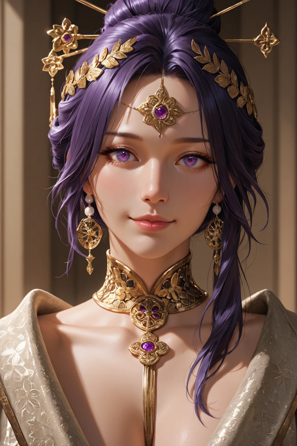 a pretty young woman with purple hair, beautiful detailed eyes, beautiful detailed lips, extremely detailed face, long eyelashes, portrait, greek goddess, athena goddess of wisdom and war, intricate ornate armor, elegant flowing dress, dramatic lighting, cinematic composition, digital painting, vibrant colors, masterpiece, photorealistic, hyperrealistic, 8k, best quality