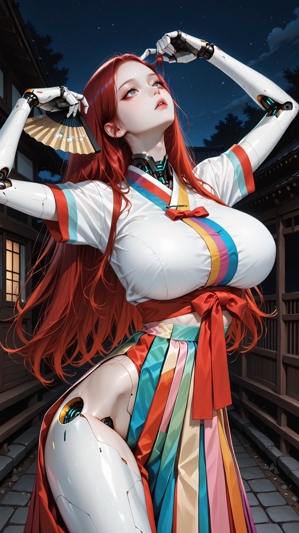 masterpiece, best quality, vibrant, very aesthetic, high contrast, (semi-realistic), newest, koreanai, best_quality, finely_detailed_eyes_and_detailed_face, (1 girl, solo, centered composition),long_hair, straight_hair, no bangs, forehead, gray_eyes, (huge_breasts, skinny, large_hips), BREAK, robot_arms, robotic_limbs, robot_core_visible, robot_shoulders, rocotic_eyes, hanbok_2024, colorful hanbok, short_sleeves, BREAK,holding_folding_fan, hands up, raised_arms,arms wide open, twirling motion, dramatic dancing_pose, mid-motion, dramatic gesture, dynamic_pose, spinning motion, BREAK, traditional korean house yard, night, dark, moonlit night, dynamic_angle, (tilted head up, upward gaze,looking_up), (dark_red_hair), cowboy_shot