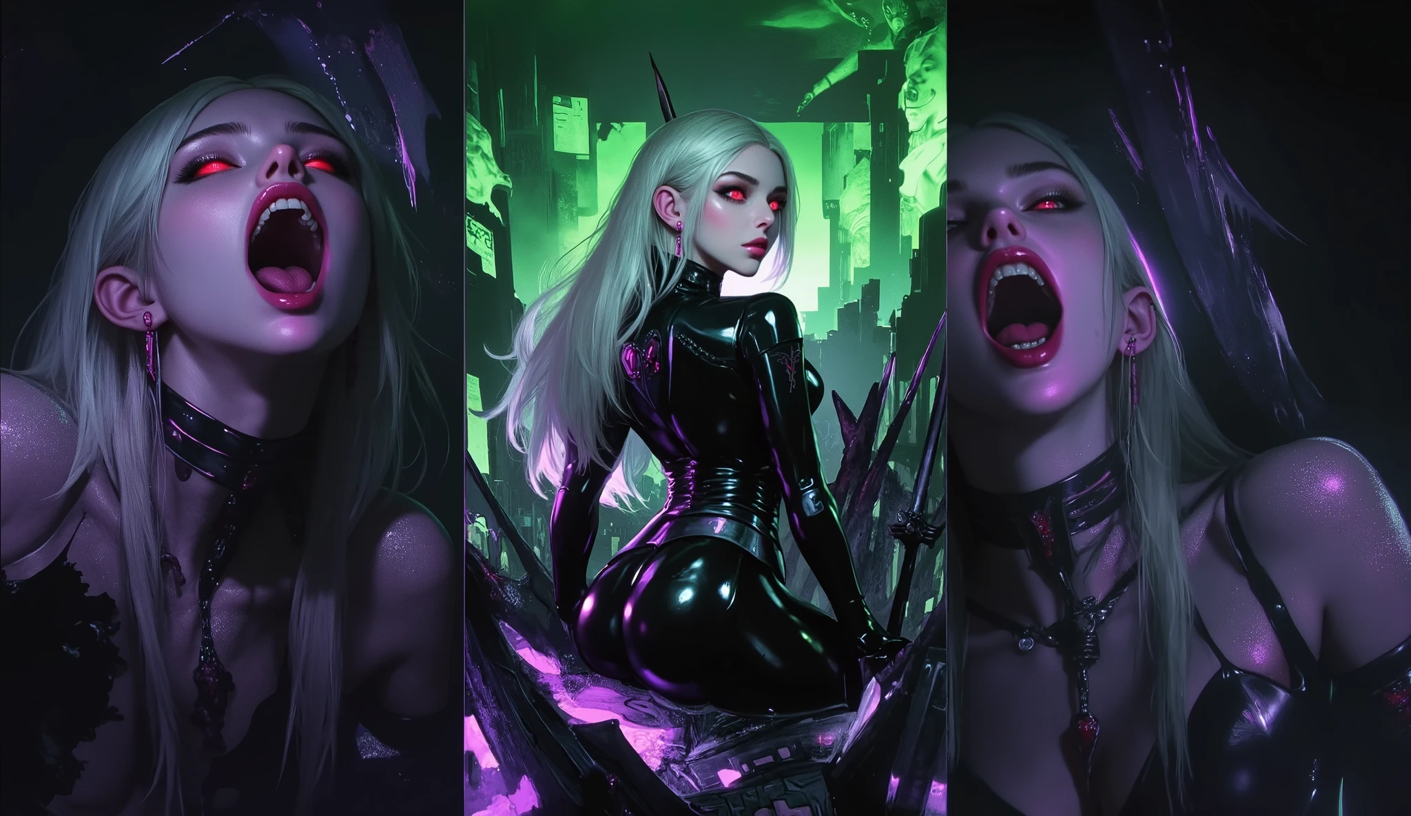 Dark fantasy portrait of a sinister Drukhari elven huntress in corrupted armor, standing amid a cursed, war-torn alien wasteland. Her skin is deathly pale gray, almost ashen, veined with faintly glowing black sigils. Her blood-red eyes burn with ancient cruelty beneath a spiked black hood. Long silver-white hair, windswept and tangled with ritual threads and bone trinkets. Her form-fitting obsidian armor is adorned with occult runes, sacrificial thorns, and wicked blade ornaments. She grips a twisted bone bow, drenched in shadow energy. Behind her: the shattered remnants of tortured souls, screaming faces frozen in soulstone. Faint green and violet glows seep from a cracked alien sky. The entire scene is steeped in despair, beauty twisted into horror. Cinematic lighting, heavy shadows, grimdark tones, photorealistic, masterpiece, 8k concept art, hyperdetailed, atmospheric, trending on ArtStation