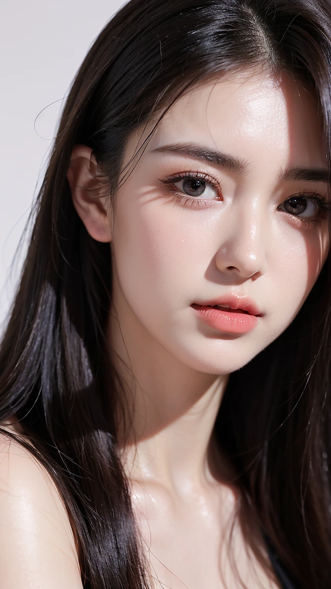 (((Ultra-high resolution、Close-up、Cute Japanese Woman)))、length, Straight black hair frames her face、So that every single hair is clearly visible、Depicts subtle color changes depending on the amount of light hitting the subject、The skin is white and smooth、Has a natural glow、Fine skin、毛穴のExpressing every detail、amountや頬に薄い赤みがある部分を詳細に、The eyes are almond-shaped、It is dark brown.、Iris detail、Expressing color gradations and patterns、length, Natural Eyelashes, Each is visible、well-groomed eyebrows、personal々The hair is clearly visible、Light reflects off the eyes、Create small highlights、noseは繊細で、nose孔の細かいディテールがある、Lips are plump and naturally pink、Draws fine lines and soft curves of the lips、Shiny、Accentuate the shape、Detailed depiction of lip texture、Special attention is paid to the depiction of light and shadow.、Soft natural light gently illuminates your face from the front、amount、nose、Gives cheeks a subtle glow、The shadows are softly cast along the contours of the face.、cheekbone、Jaw Curve、noseの側面を強調、The gloss on her lips reflects the light faintly..、Emphasizes plump texture、The shadows in the hair add depth and dimension.、personal々Hair sparkles in the light、The background is simple and blurry.、Focus on the face、With the highest quality、Expressing every detail