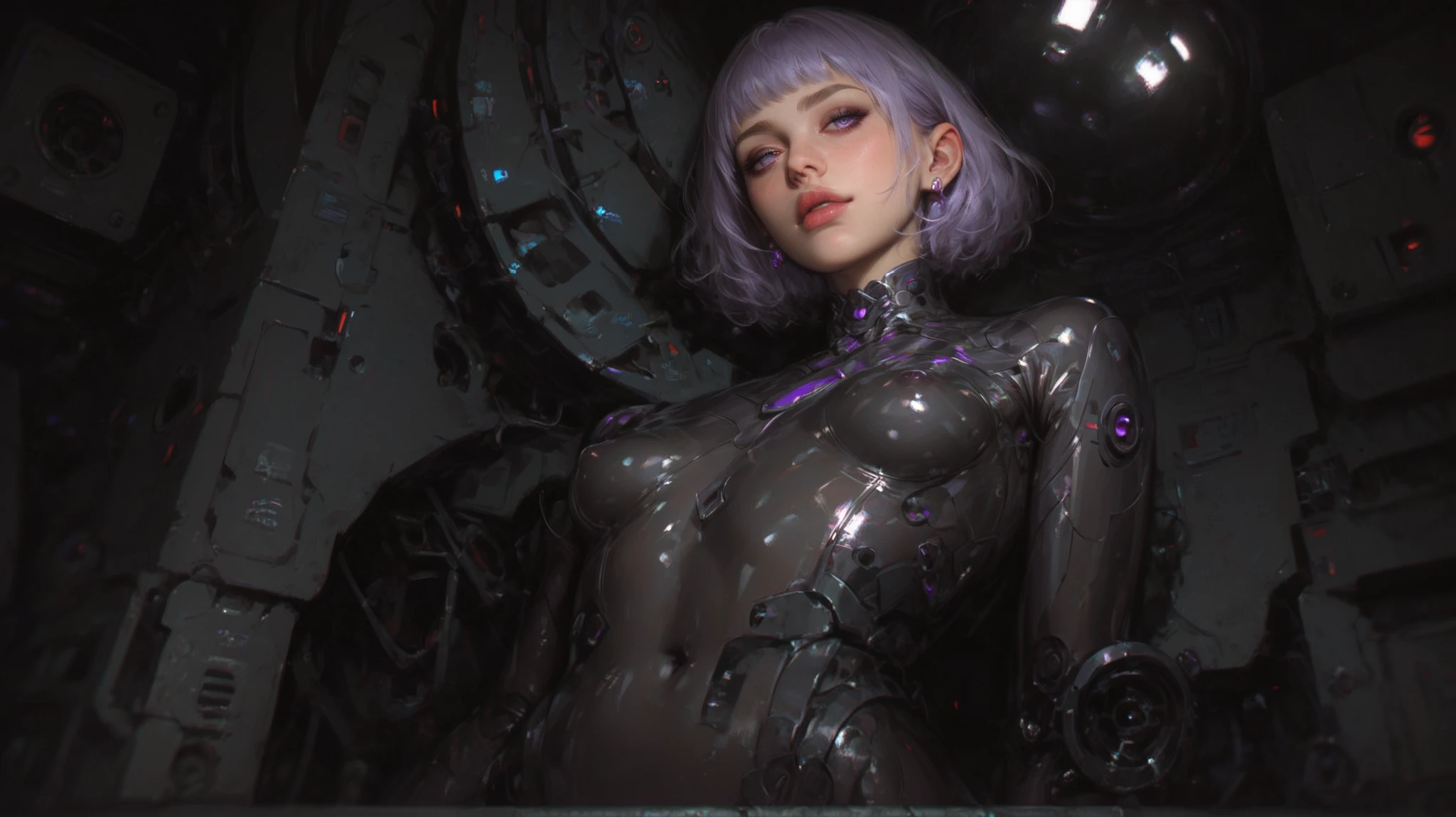 masterpiece, best quality, (Highly detailed CG Unity 8k wallpaper) (best quality), (Best Illustration), (Best shadow), beautiful girl, Small Breasts, Wearing a rugged jacket, Robotic Arm, Cyberpunk Background, Extremely exquisite and beautiful, (Floating purple hair), Delicate face, Neck strap, (Mysterious atmosphere), flash:0.8 nude